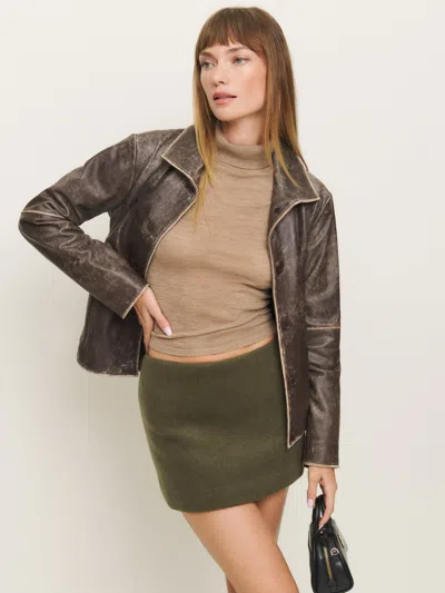 Reformation Carla Low Waist Wool Skirt In Dark Olive