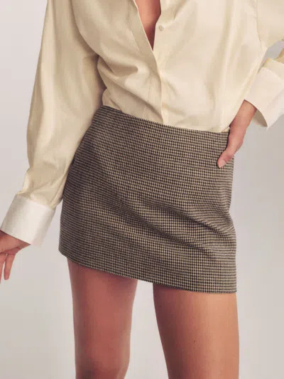 Reformation Carla Low Waist Wool Skirt In Tan Houndstooth