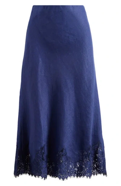 Reformation Carolina Lace Trim Linen Midi Skirt In Blue