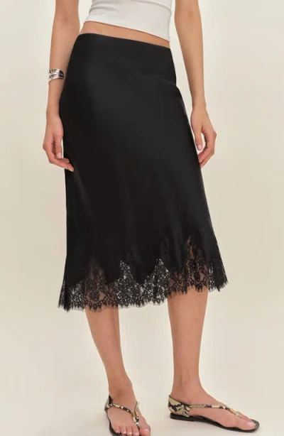Reformation Carolina Lace Trim Silk Midi Skirt In Black