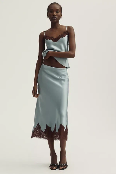 Reformation Carolina Lace-hem Silk Midi Skirt In Blue