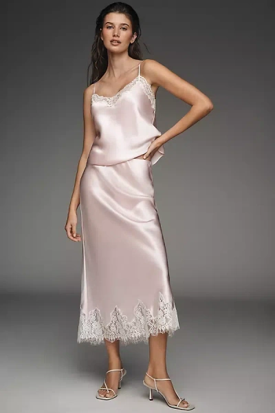 Reformation Carolina Lace-hem Silk Midi Skirt In Pink