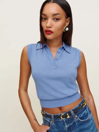 Reformation Carrie Linen Cotton Polo In Blue Moon