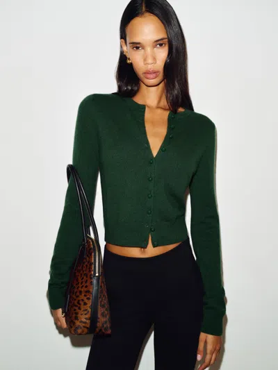 Reformation Caspia Cashmere Cropped Cardigan Green Large In Brown