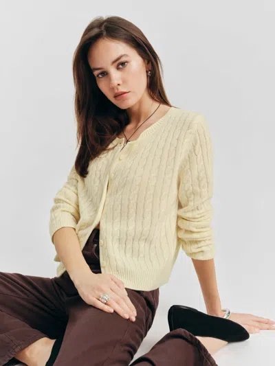 Reformation Clara Cashmere Crew Cardigan In Lemon Icing Cable