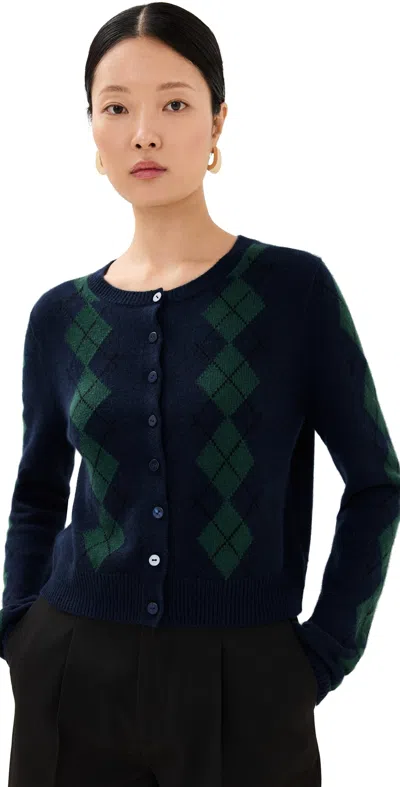 Reformation Clara Cashmere Crew Cardigan Navy Multi Argyle In Blue