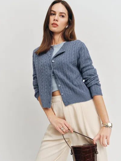 Reformation Clara Cashmere Crew Cardigan In Slate Blue Cable