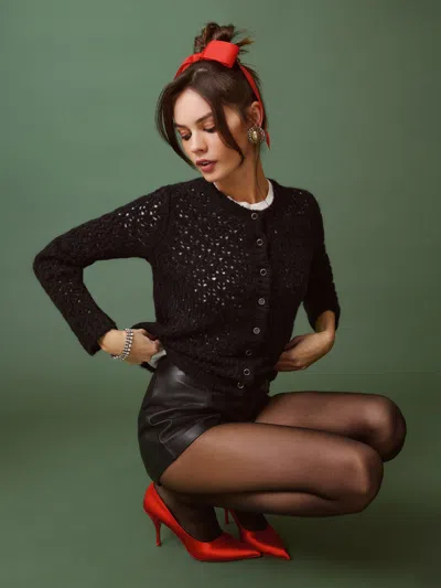 Reformation Clara Crew Cardigan In Black Pointelle