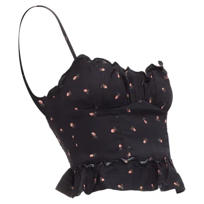 Reformation Clarice Rose Print Crepe Ruffle Tank Top In Black