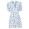 Reformation Dalmatian Print Puff Sleeve Wrap Dress In Blue