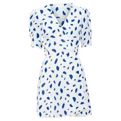 Reformation Dalmatian Print Puff Sleeve Wrap Dress In Blue