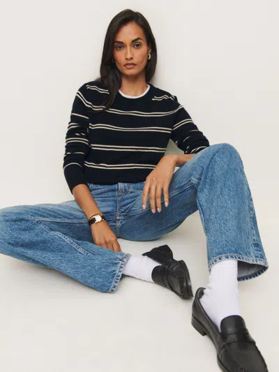 Reformation Dana Cashmere Crew Sweater In Navy/parmesan Stripe