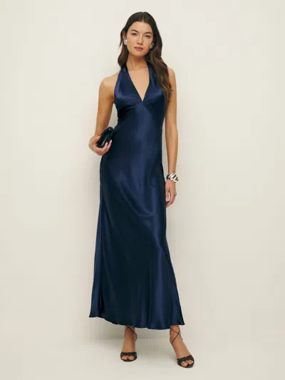 Reformation Daniela Silk Dress In Navy