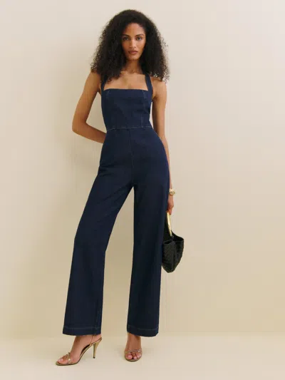 Reformation Danna Halter Denim Jumpsuit In Naturel