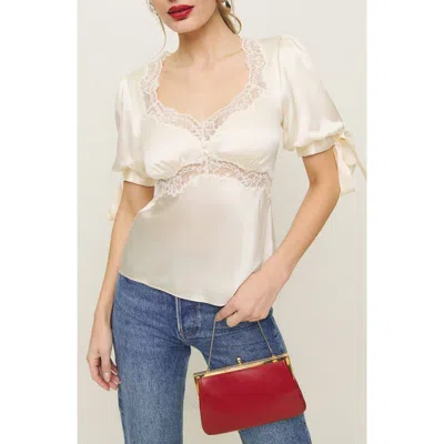 Reformation Dolly Lace Trim Silk Charmeuse Top In Fior Di Latte