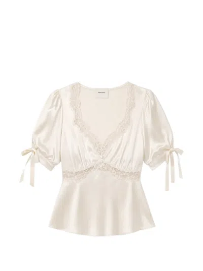 Reformation Dolly Lace-trim Silk Blouse In Neutral