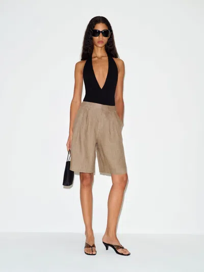 Reformation Drew Linen Short Natural 10 In Black
