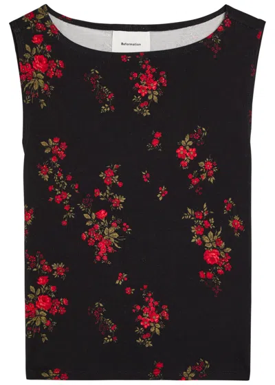 Reformation Dusk Floral-print Stretch-jersey Top In Black