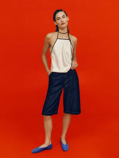 Reformation Elio Low Rise 14 In Denim Trouser Shorts Blue 34 In White