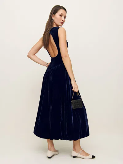 Reformation Elvira Velvet Dress In Navy