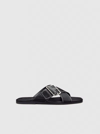 Reformation Etta Flat Sandal Black Leather 10.5