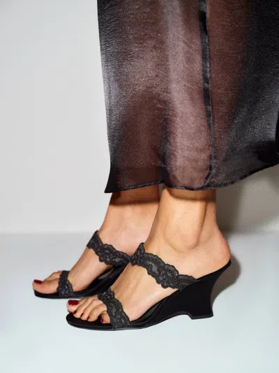 Reformation Fiorella Wedge Sandal Black Satin 9.5