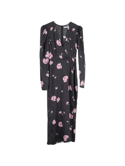Pre-owned Reformation Floral-print Long-sleeve Mididress In Black
