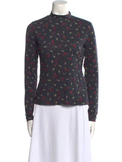 Pre-owned Reformation Floral Print Mock Neck Blouse In Blue