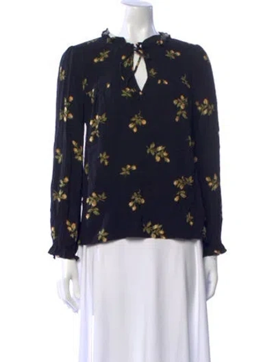Pre-owned Reformation Floral Print Mock Neck Blouse In Blue