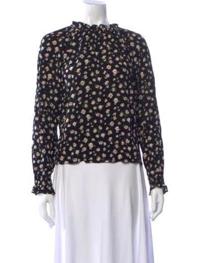 Pre-owned Reformation Floral Print Mock Neck Blouse In Blue