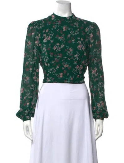 Pre-owned Reformation Floral Print Mock Neck Blouse In Green