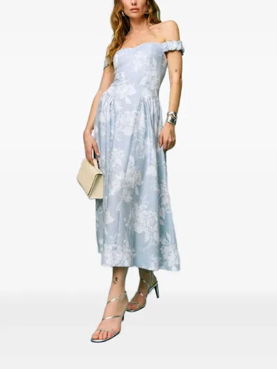 Reformation Floral Print Off-shoulder Dress In Blue