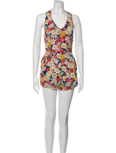 Pre-owned Reformation Floral Print Plunge Neckline Romper In Blue