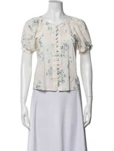 Pre-owned Reformation Floral Print Scoop Neck Blouse In White
