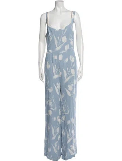 Pre-owned Reformation Floral Print Scoop Neck Jumpsuit In Blue