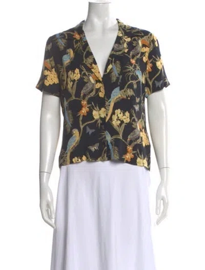 Pre-owned Reformation Floral Print Short Sleeve Blouse In Black