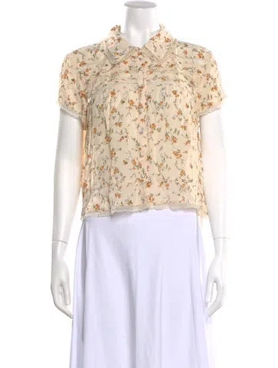 Pre-owned Reformation Floral Print Short Sleeve Blouse In Neutral
