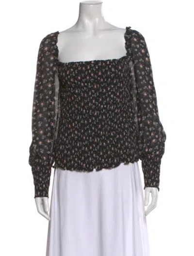 Pre-owned Reformation Floral Print Square Neckline Blouse In Black