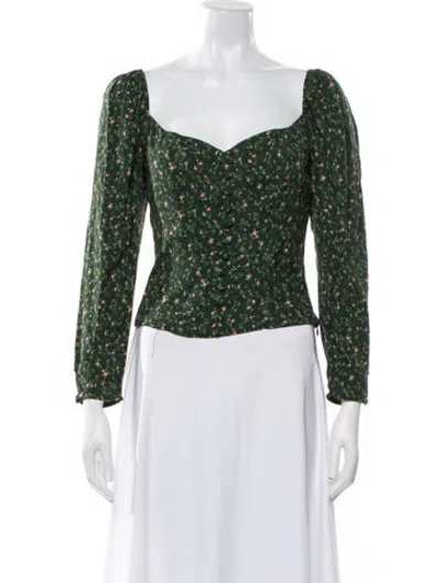 Pre-owned Reformation Floral Print Square Neckline Blouse In Green