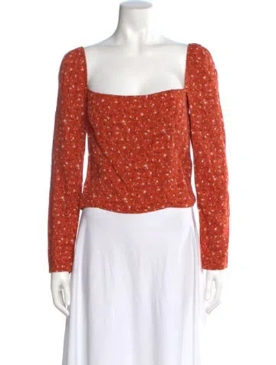 Pre-owned Reformation Floral Print Square Neckline Blouse In Orange