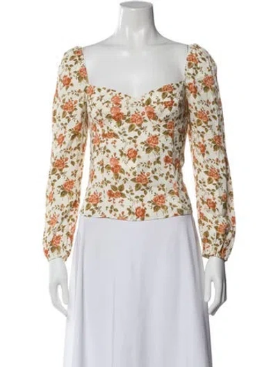 Pre-owned Reformation Floral Print Square Neckline Blouse In White