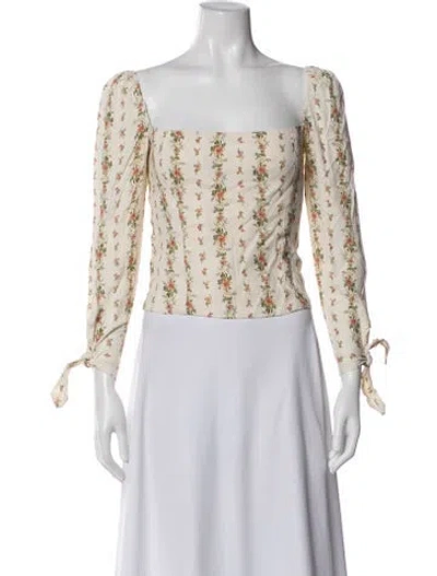Pre-owned Reformation Floral Print Square Neckline Blouse In White