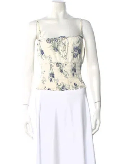 Pre-owned Reformation Floral Print Square Neckline Crop Top In White