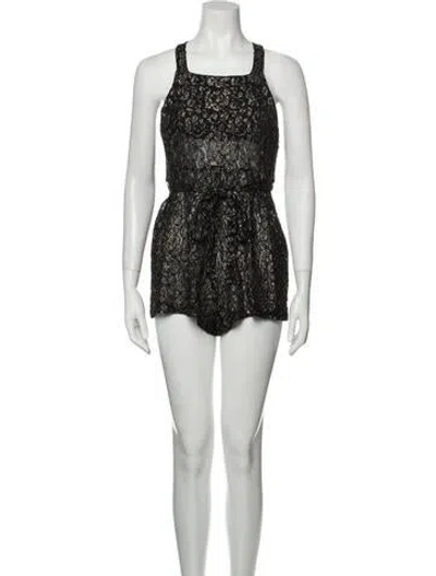 Pre-owned Reformation Floral Print Square Neckline Romper In Black