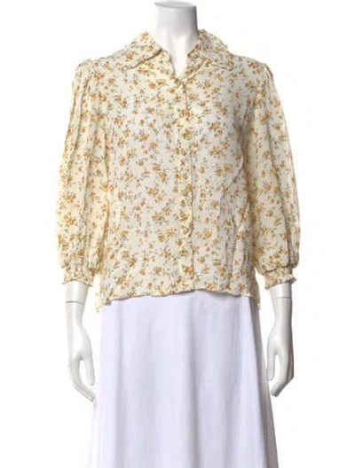 Pre-owned Reformation Floral Print Three-quarter Sleeve Blouse In White
