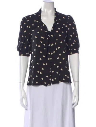 Pre-owned Reformation Floral Print Tie Neck Blouse In Black