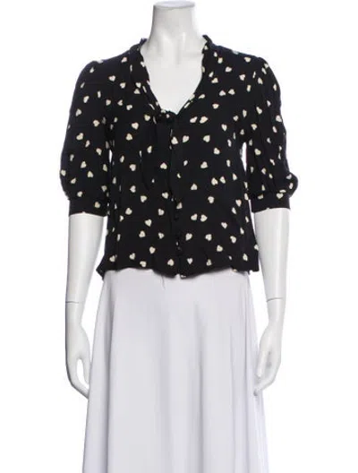 Pre-owned Reformation Floral Print Tie Neck Blouse In Black