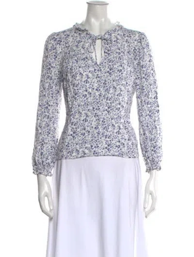 Pre-owned Reformation Floral Print Tie Neck Blouse In Blue