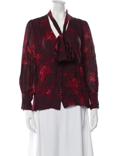 Pre-owned Reformation Floral Print Tie Neck Blouse In Burgundy
