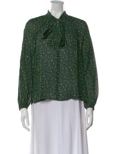 Pre-owned Reformation Floral Print Tie Neck Blouse In Green